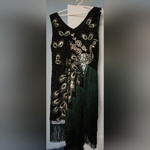 Vibrant Peacock and floral tassle tank dress. Chic sleeveles V-neck dress